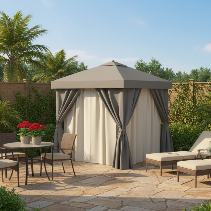 Aluminum Cabana, 10' Square with Fabric Curtains, Sheer Curtain Rods & Vent