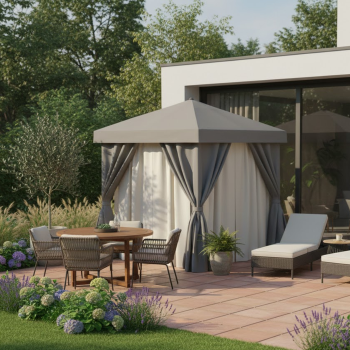 Aluminum Cabana, 10' Square with Fabric Curtains, Sheer Curtain Rods (no vent)