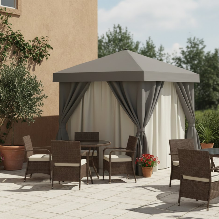 Aluminum Cabana, 12' Square with Fabric Curtains, Sheer Curtain Rods (no vent)