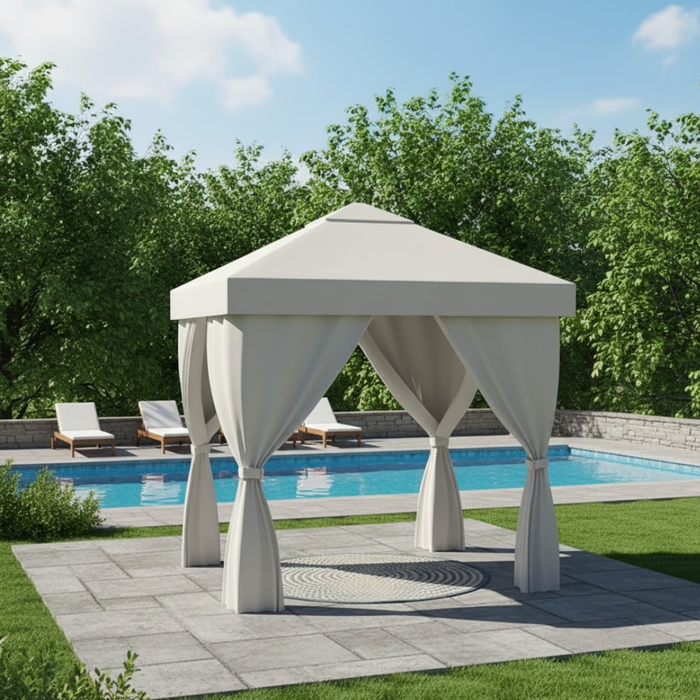 Basta Sol 8' x 8' Aluminum Pole Cabana w Roof Vent & Fabric Curtains