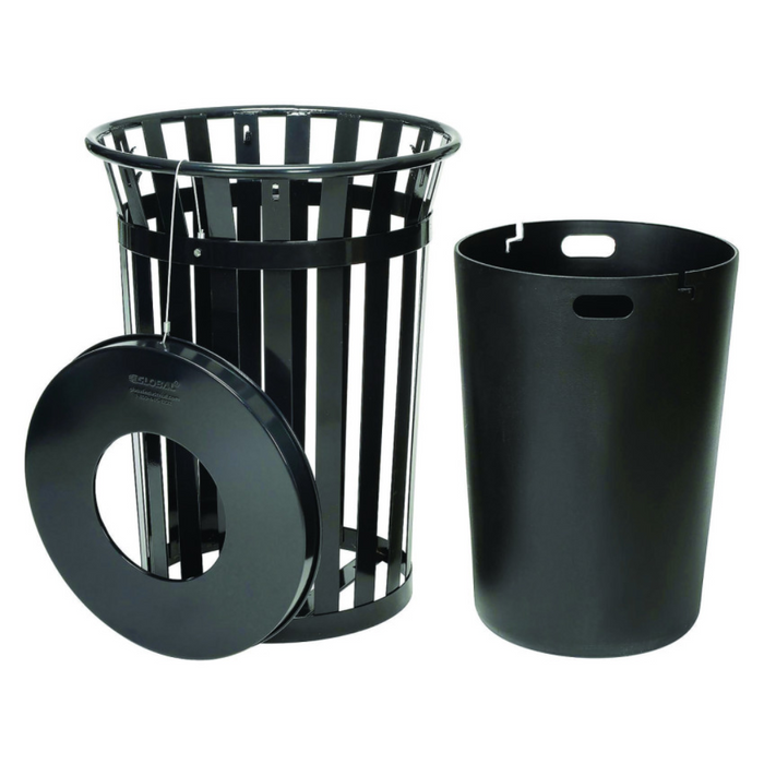 Outdoor Slatted Steel Trash Can, 36 Gallon, Black