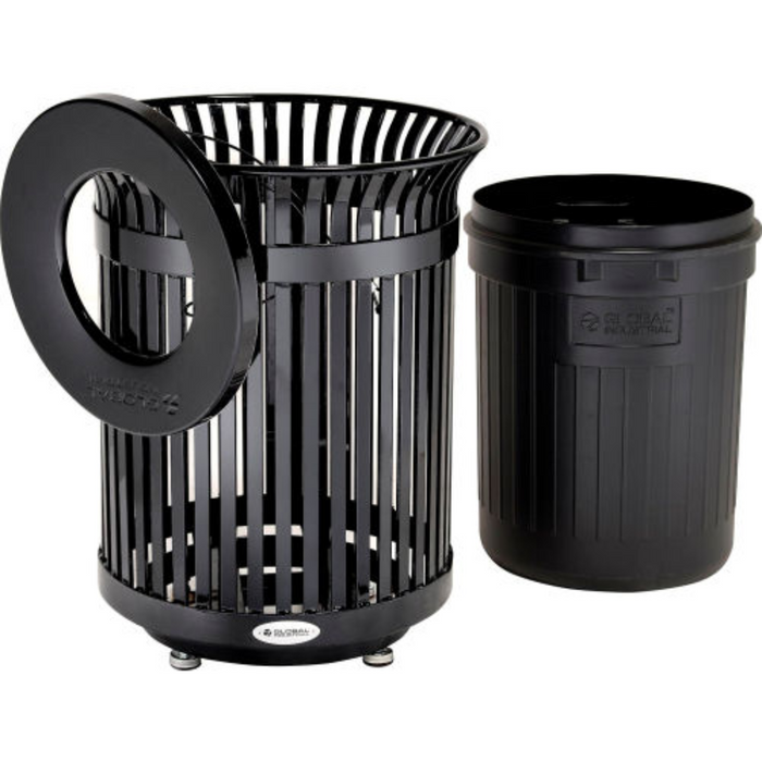 Outdoor Extra Heavy-Duty Slatted Steel Trash Can, 36 Gallon, 34"H, Black