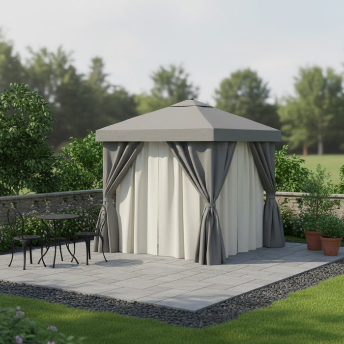 Aluminum Cabana, 8' Square with Fabric Curtains, Sheer Curtain Rods & Vent