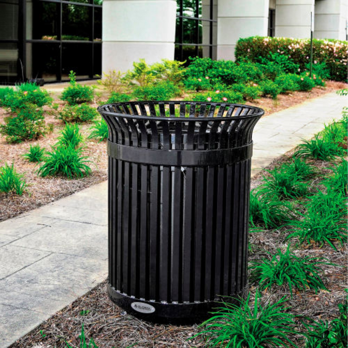 Outdoor Extra Heavy-Duty Slatted Steel Trash Can, 36 Gallon, 34"H, Black