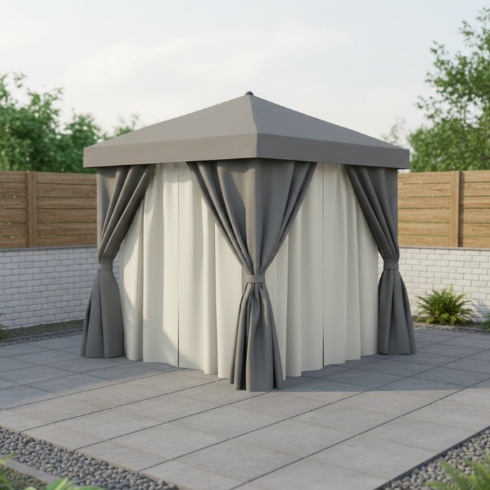 Aluminum Cabana, 8' Square w/ Fabric Curtains, Sheer Curtain Rods (no vent)