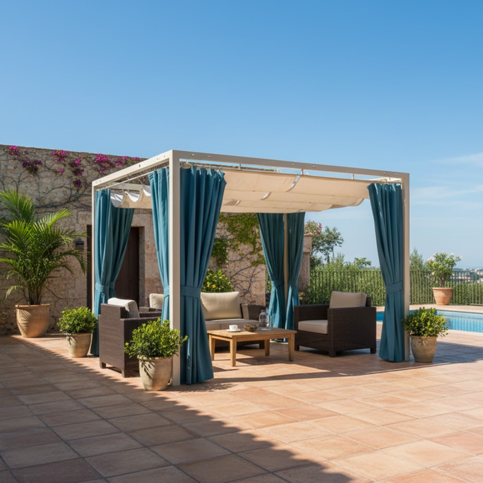 Roman Shade Cabana with Full Curtains