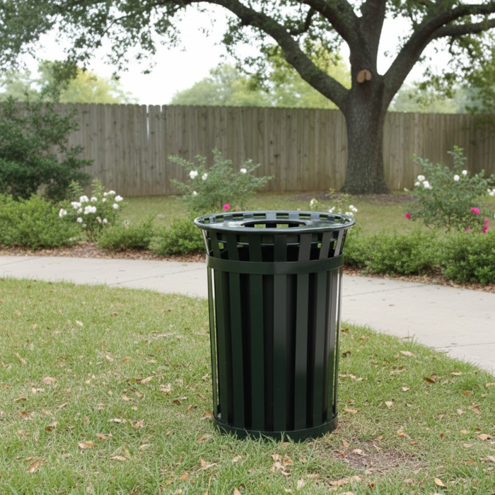 Outdoor Slatted Steel Trash Can, 36 Gallon, Black
